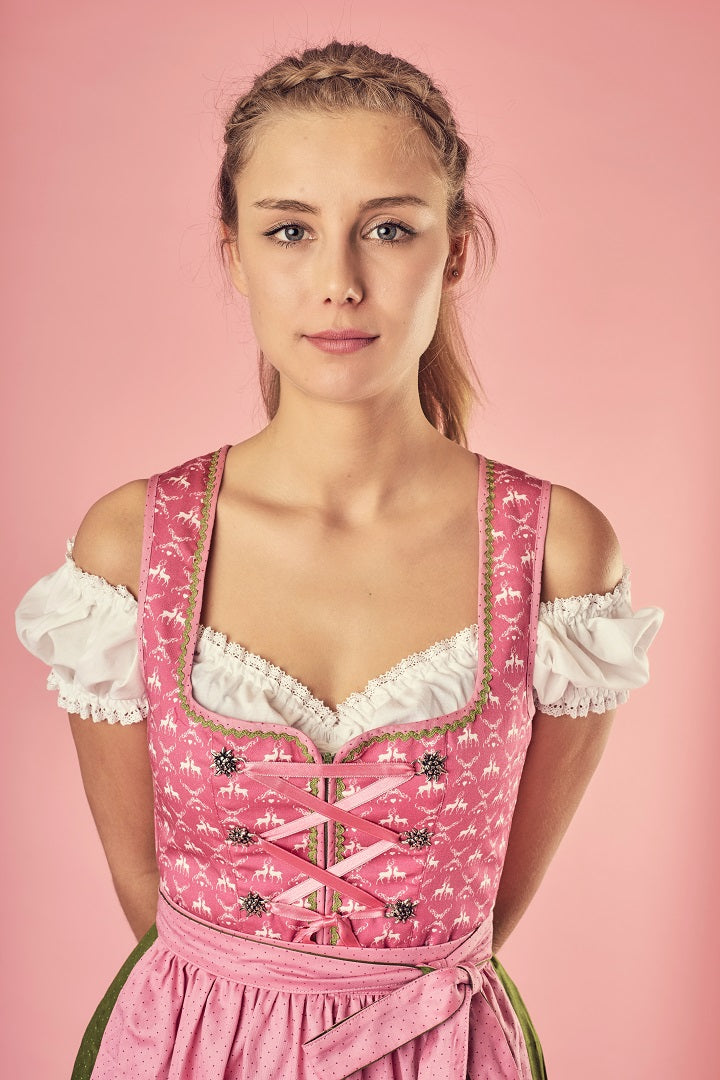 Bavarian Midi Dirndl "Viktoria", front zipper, 3-piece set - Pink & Moss Green bavari-costumes