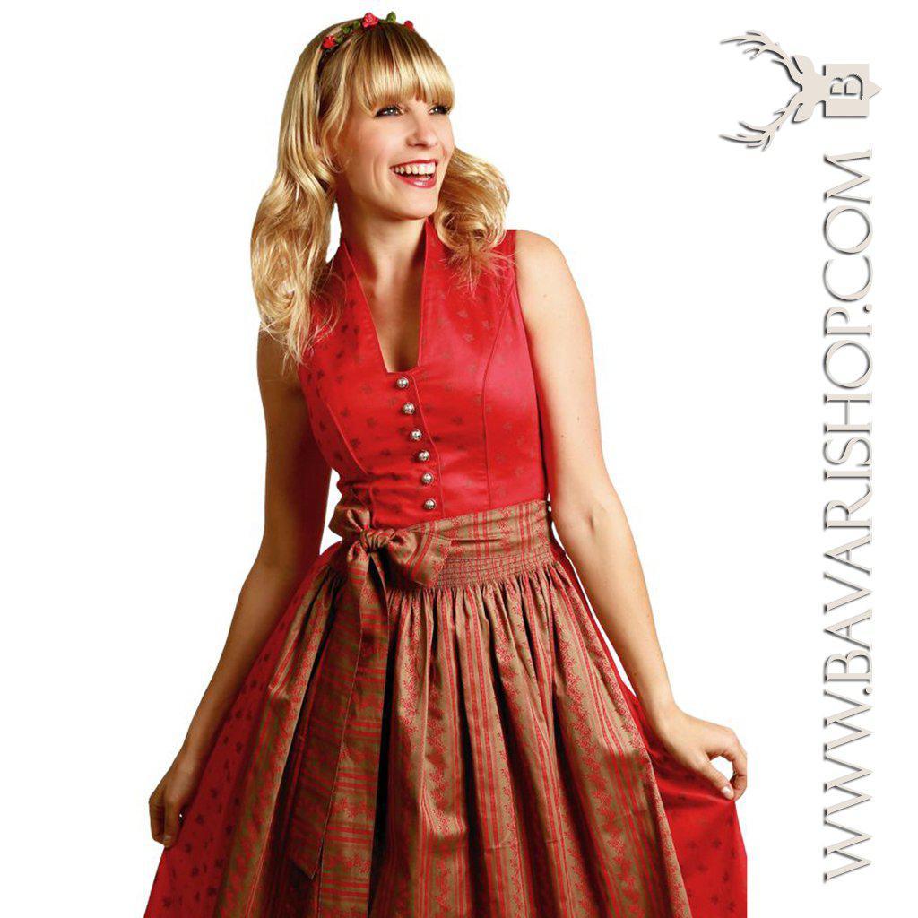 Bavarian Midi Dirndl "Clarissa", high neckline, 2-piece set - Red & Sand bavari-costumes