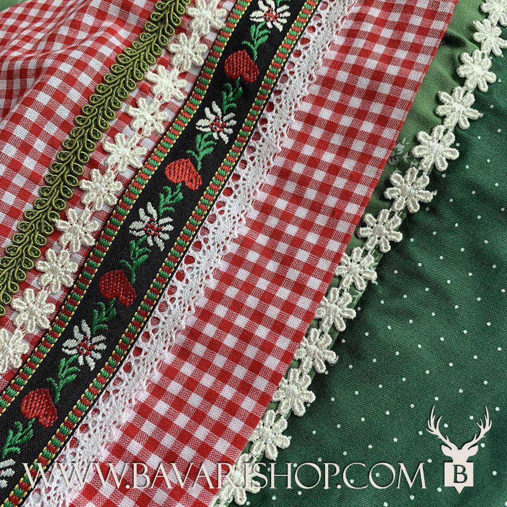 Bavarian Midi Dirndl "Claudia", back zipper, 3-piece set - Light Green & Red bavari-costumes