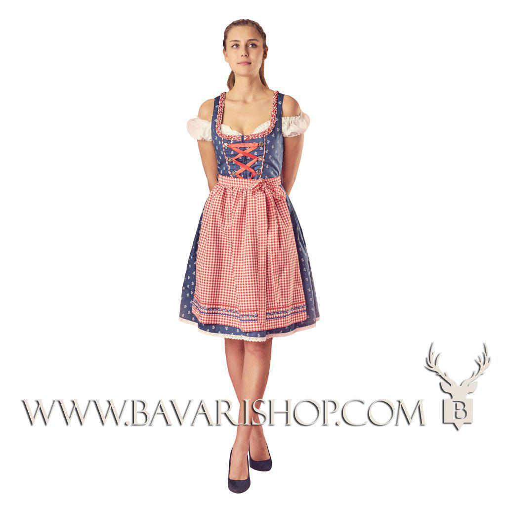 Bavarian Midi Dirndl "Marlene", front zipper, 3-piece set - Dark Blue & Red bavari-costumes