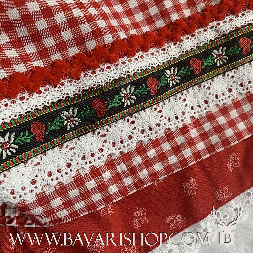 Bavarian Midi Dirndl "Olivia", back zipper, embroidery, 3-piece set - Candy Red & Vichy bavari-costumes