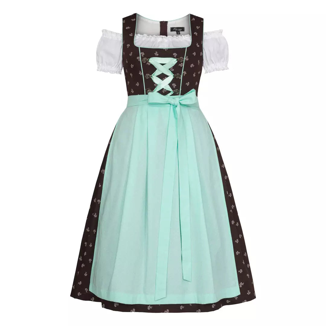 Bavarian Dirndl Dress Elisabeth, 3pcs - Dark Brown, Mint bavari-costumes