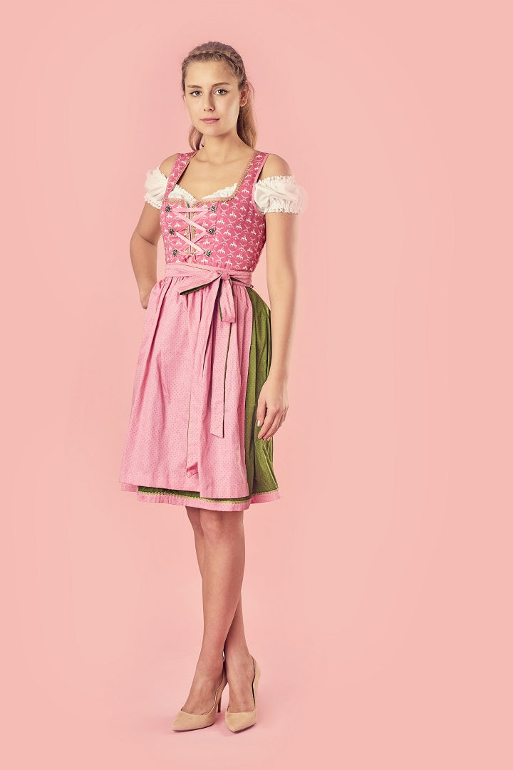 Bavarian Midi Dirndl "Viktoria", front zipper, 3-piece set - Pink & Moss Green bavari-costumes