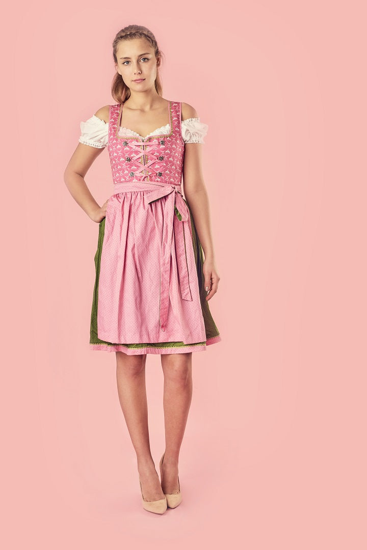 Bavarian Midi Dirndl "Viktoria", front zipper, 3-piece set - Pink & Moss Green bavari-costumes