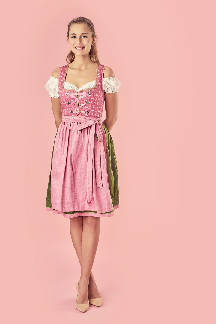 Bavarian Midi Dirndl "Viktoria", front zipper, 3-piece set - Pink & Moss Green bavari-costumes