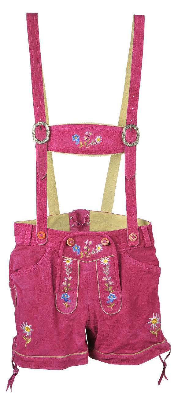 Women's Bavarian Leather Shorts "Emma", Lederhose with suspenders & embroidery - Red or Pink bavari-costumes