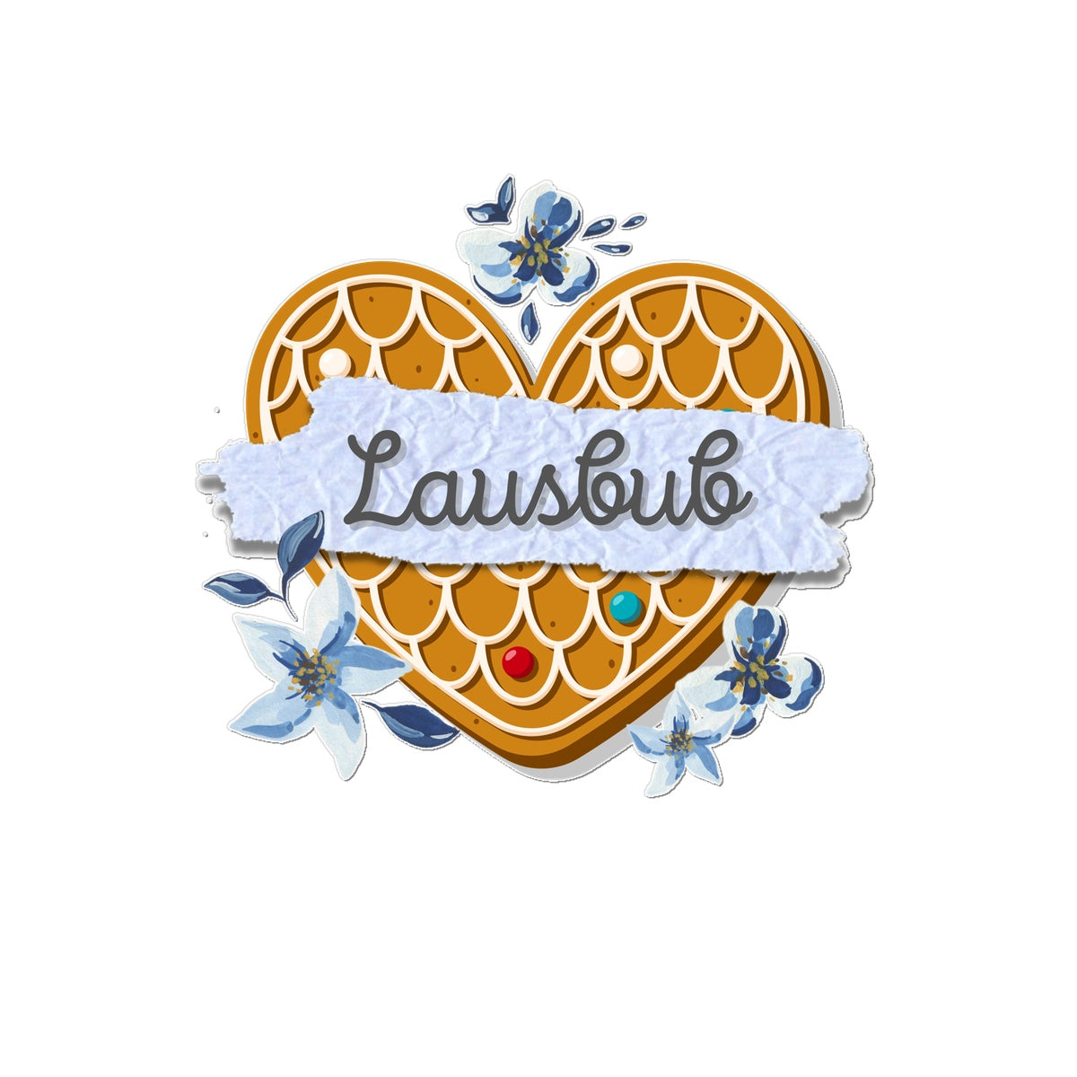 Temporary Tattoo, Bavarian Retro Gingerbread heart "Lausbub" with florals, blue - 2 sizes - Bavari Shop - Bavarian Outfits, Dirndl, Lederhosen & Accessories