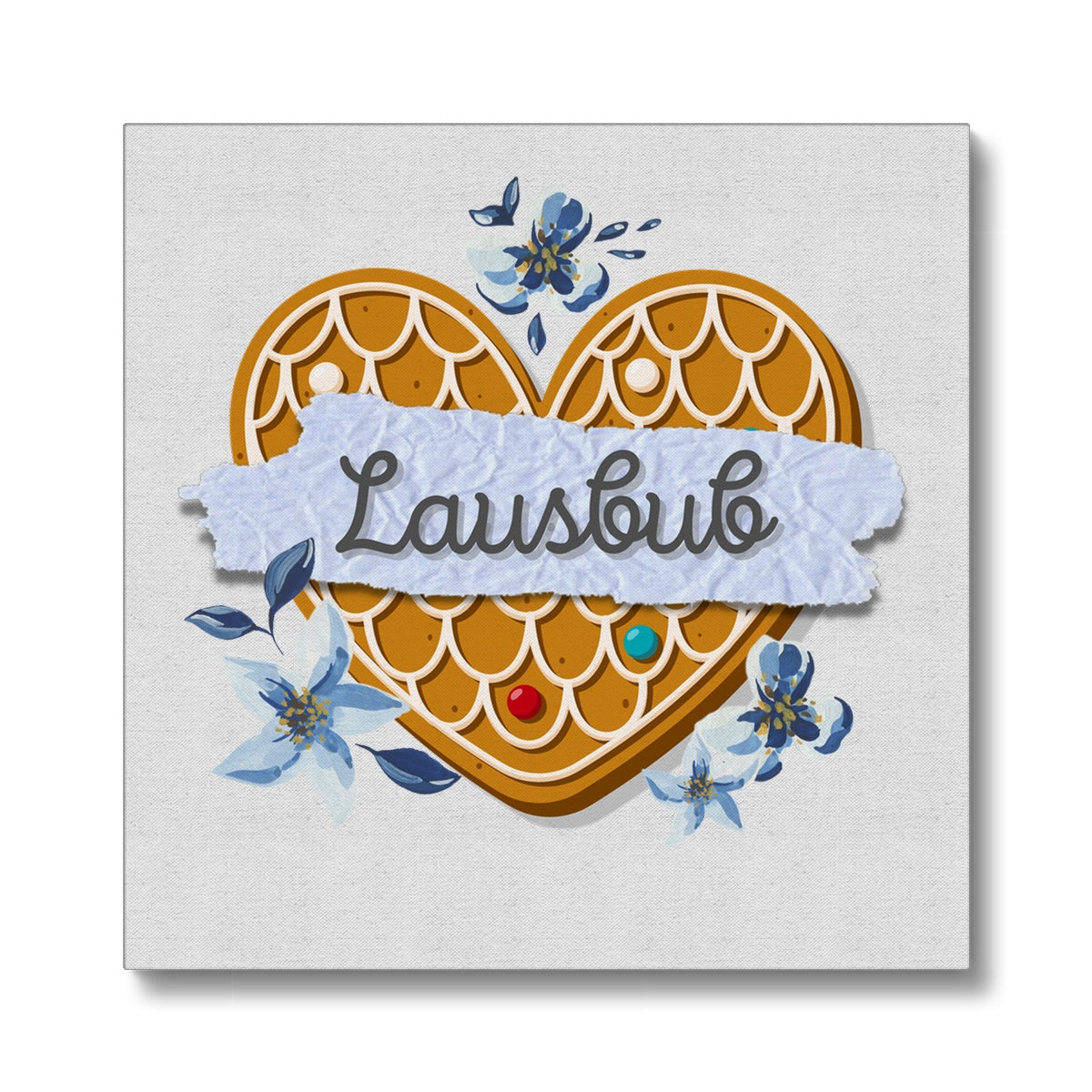 Bavarian Canvas, Nursery Décor, Retro Gingerbread Heart & Floral print "Lausbub", blue - Bavari Shop - Bavarian Outfits, Dirndl, Lederhosen & Accessories