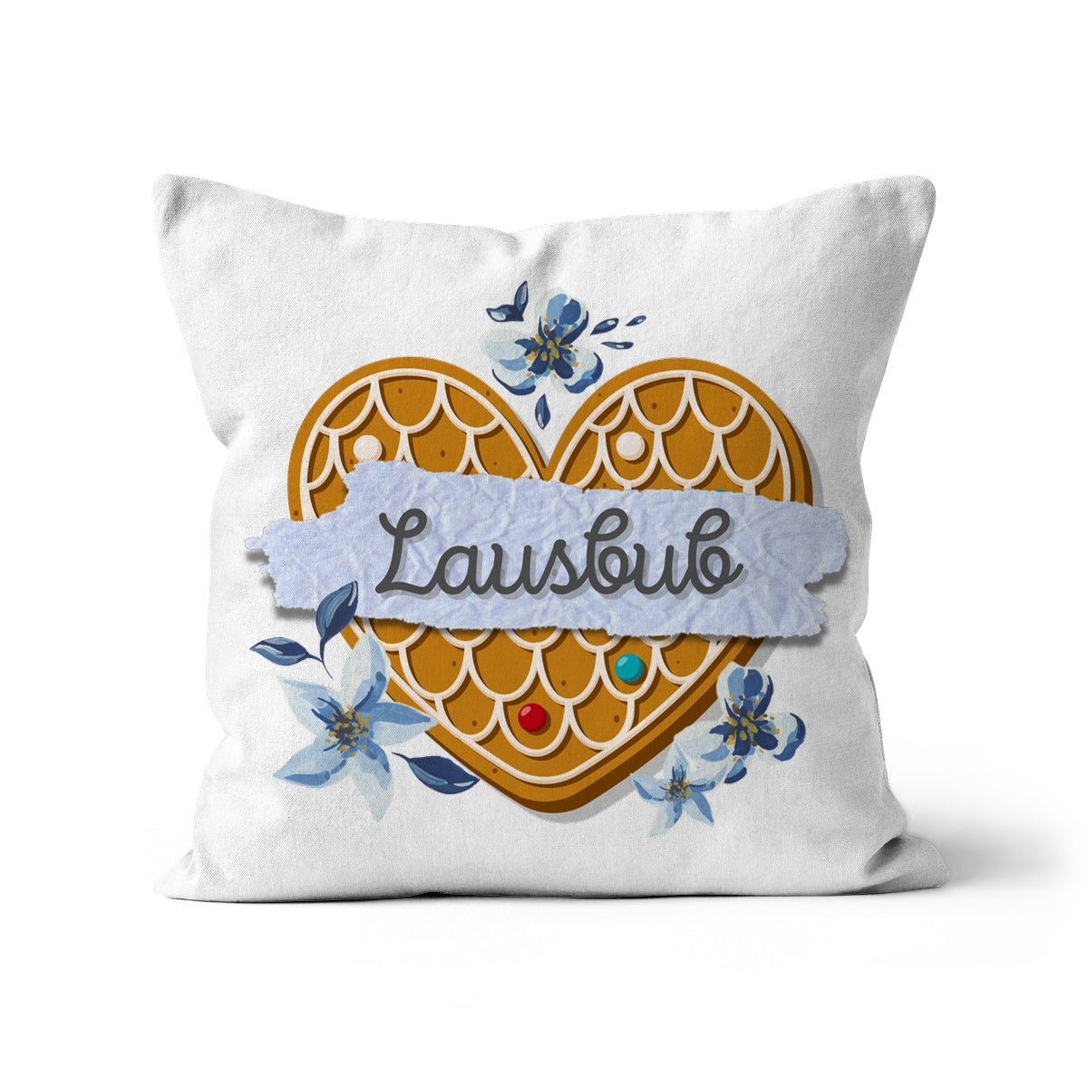 Bavarian Cushion, Retro Gingerbread Heart & Floral print "Lausbub", blue - incl. filling - Bavari Shop - Bavarian Outfits, Dirndl, Lederhosen & Accessories