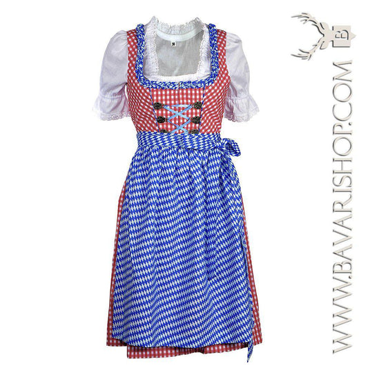 Bavarian Midi Dirndl "Oktoberfest", front zipper, 3-piece set - Red Vichy & Blue bavari-costumes