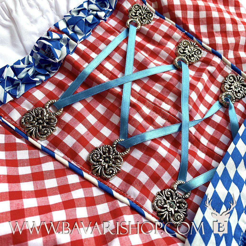 Bavarian Midi Dirndl "Oktoberfest", front zipper, 3-piece set - Red Vichy & Blue bavari-costumes