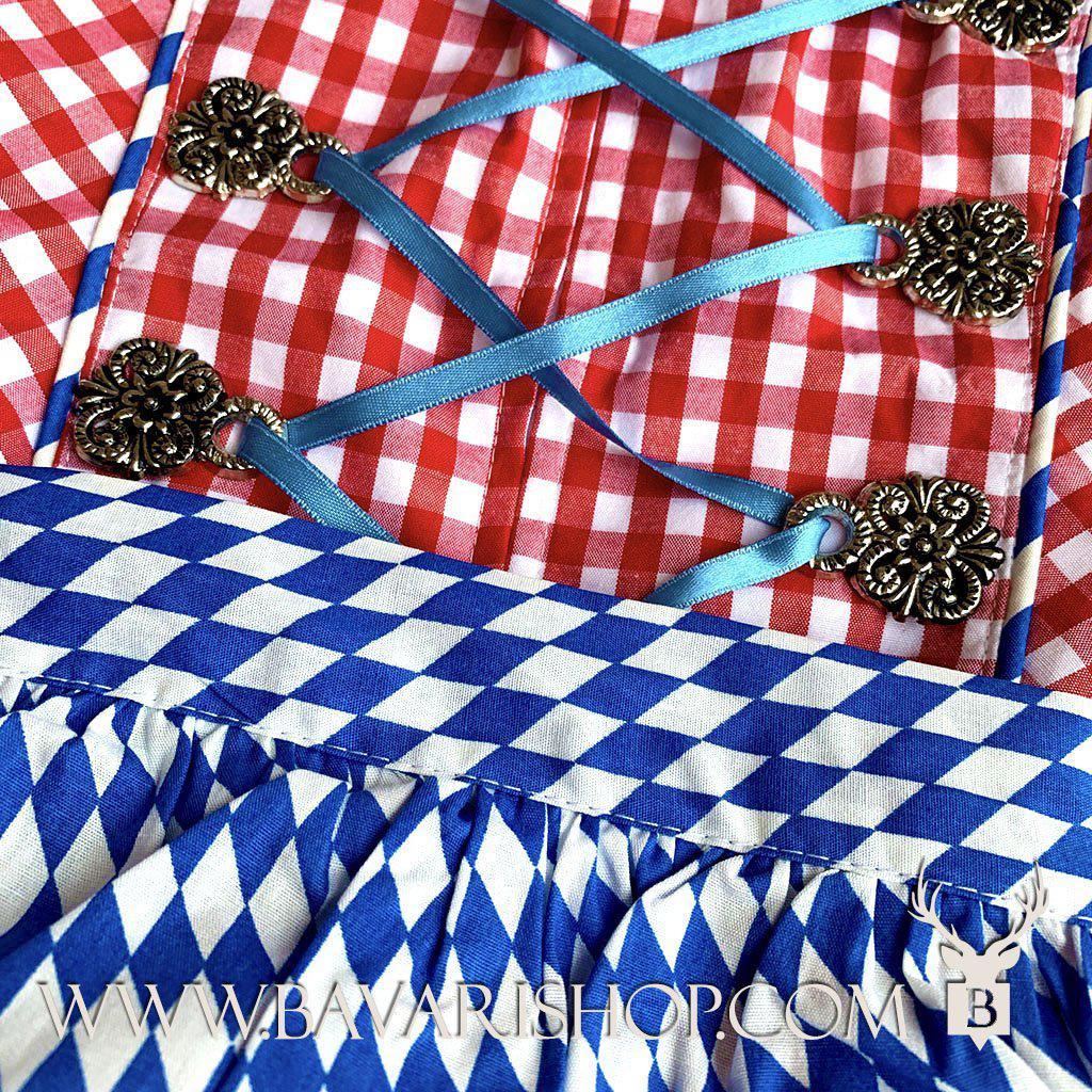 Bavarian Midi Dirndl "Oktoberfest", front zipper, 3-piece set - Red Vichy & Blue bavari-costumes