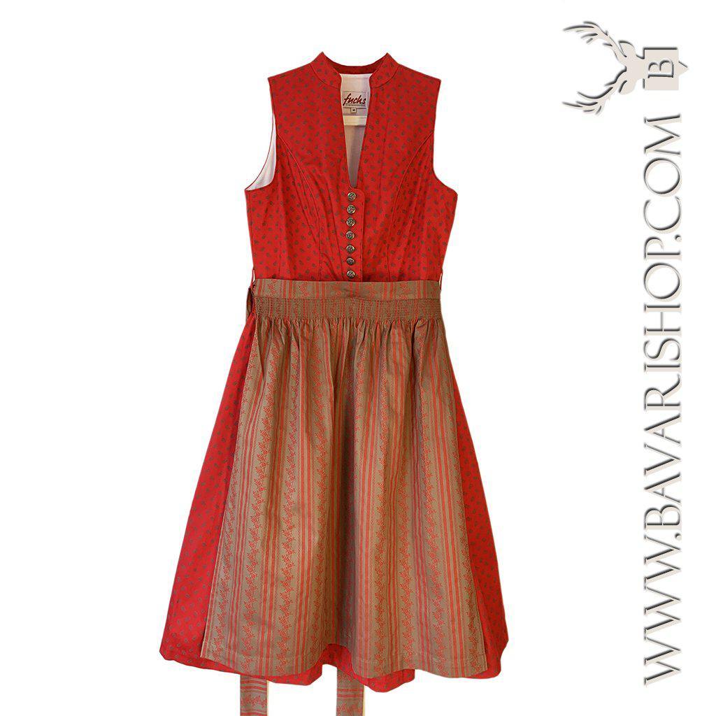 Bavarian Midi Dirndl "Clarissa", high neckline, 2-piece set - Red & Sand bavari-costumes