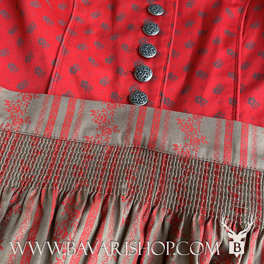 Bavarian Midi Dirndl "Clarissa", high neckline, 2-piece set - Red & Sand bavari-costumes