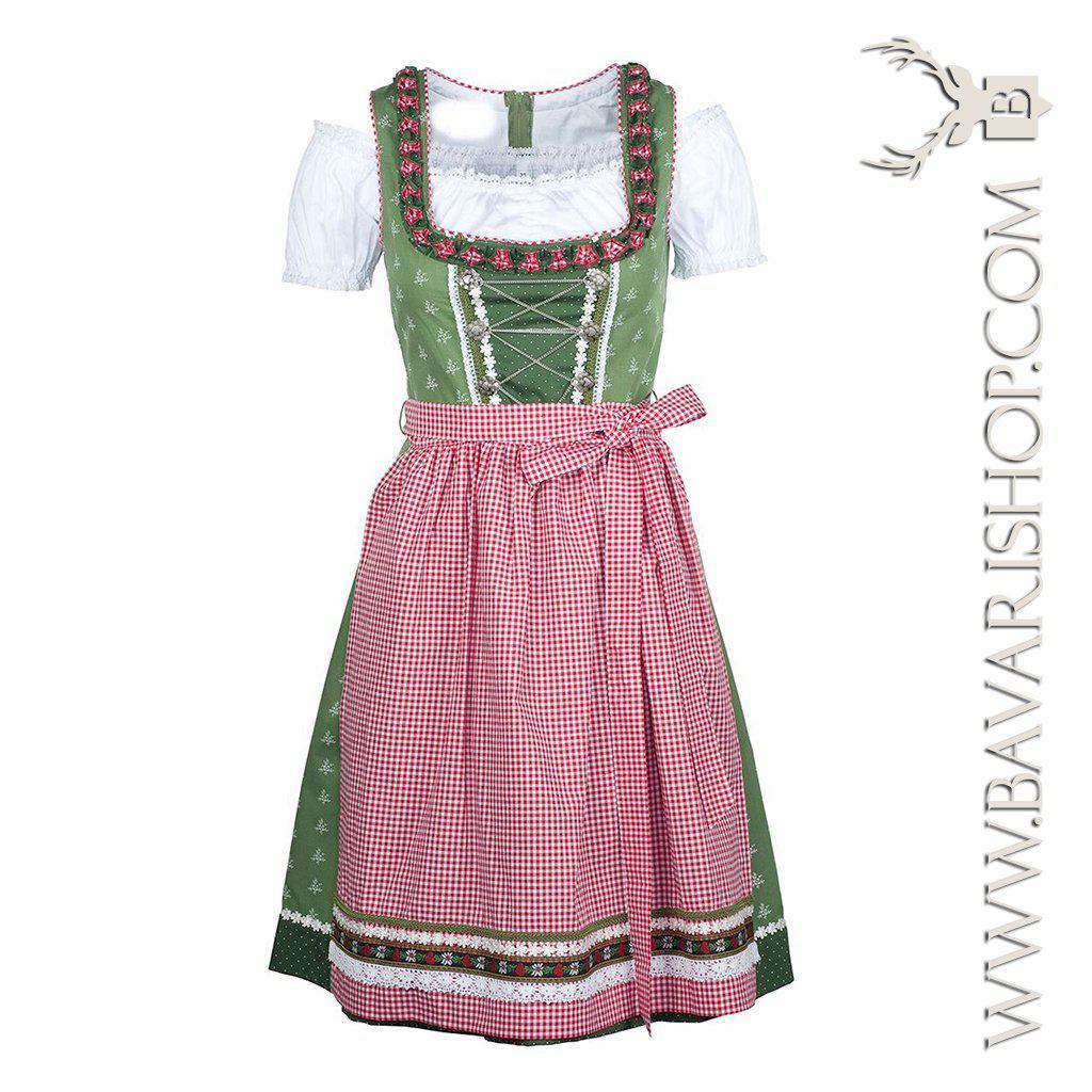 Bavarian Midi Dirndl "Claudia", back zipper, 3-piece set - Light Green & Red bavari-costumes
