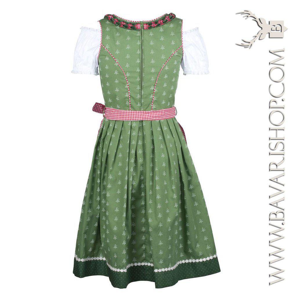 Bavarian Midi Dirndl "Claudia", back zipper, 3-piece set - Light Green & Red bavari-costumes