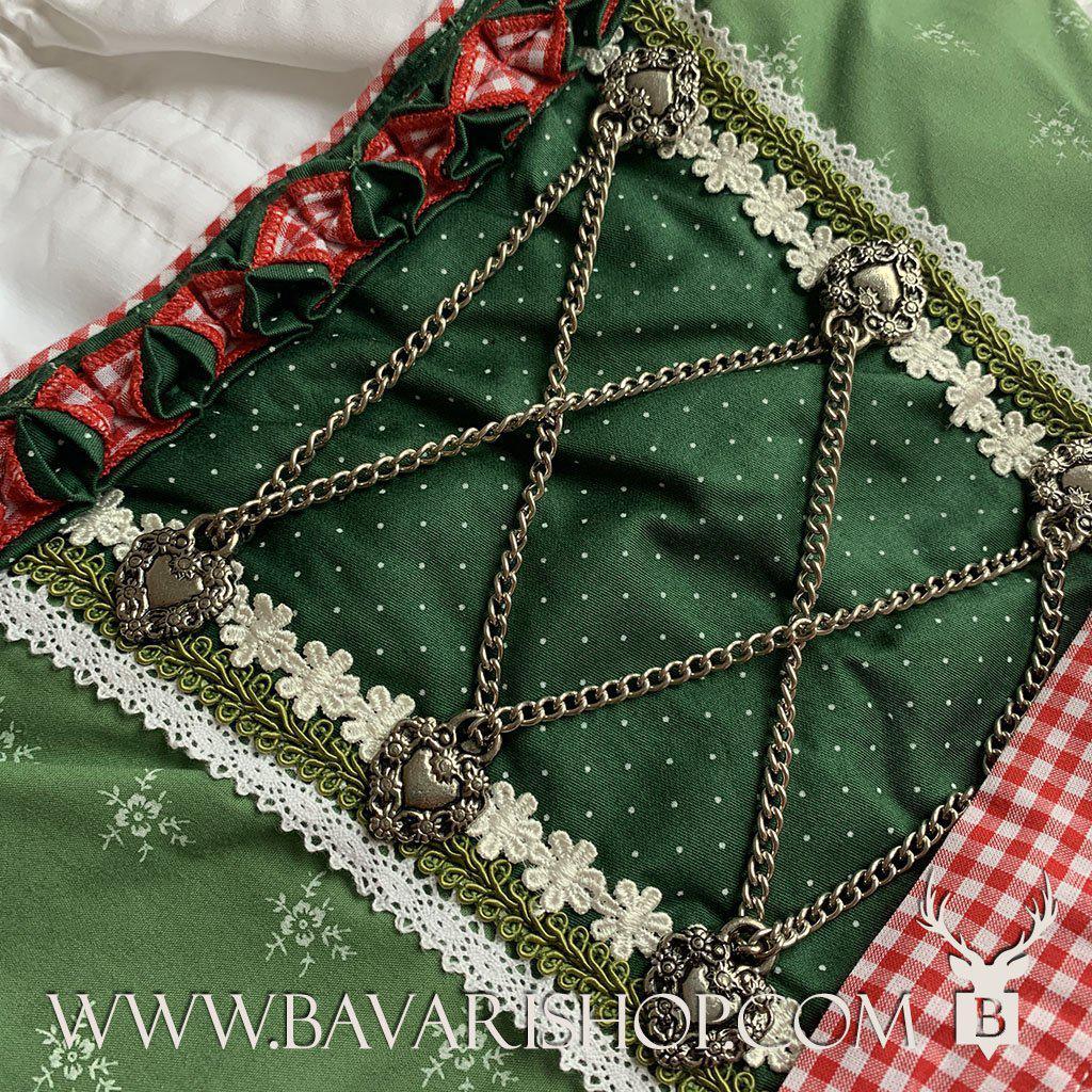 Bavarian Midi Dirndl "Claudia", back zipper, 3-piece set - Light Green & Red bavari-costumes