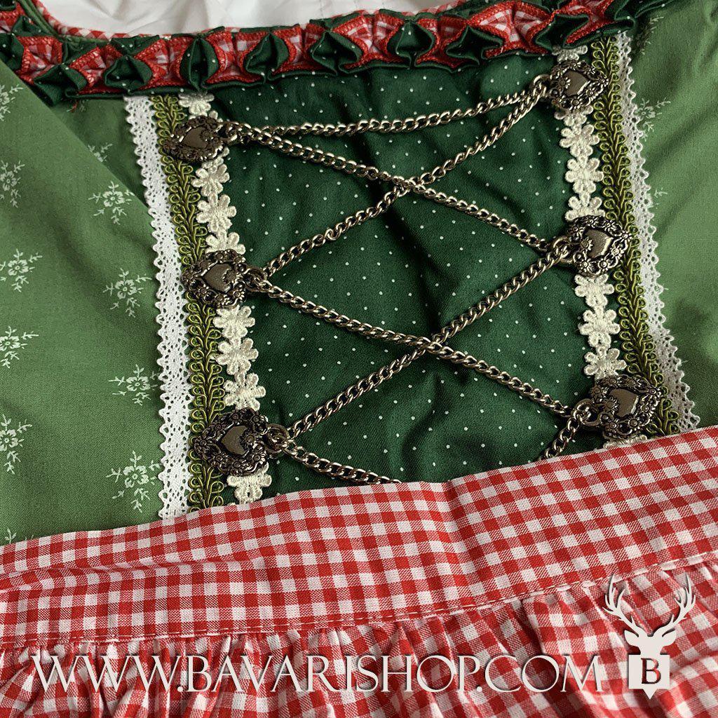 Bavarian Midi Dirndl "Claudia", back zipper, 3-piece set - Light Green & Red bavari-costumes