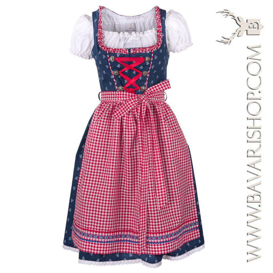 Bavarian Midi Dirndl "Marlene", front zipper, 3-piece set - Dark Blue & Red bavari-costumes