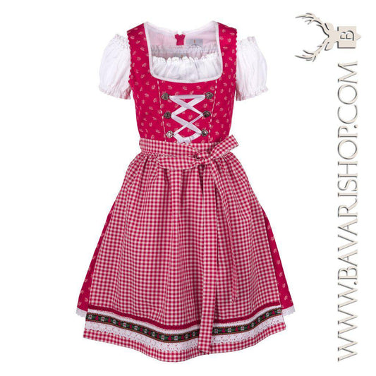 Bavarian Midi Dirndl "Olivia", back zipper, embroidery, 3-piece set - Candy Red & Vichy bavari-costumes