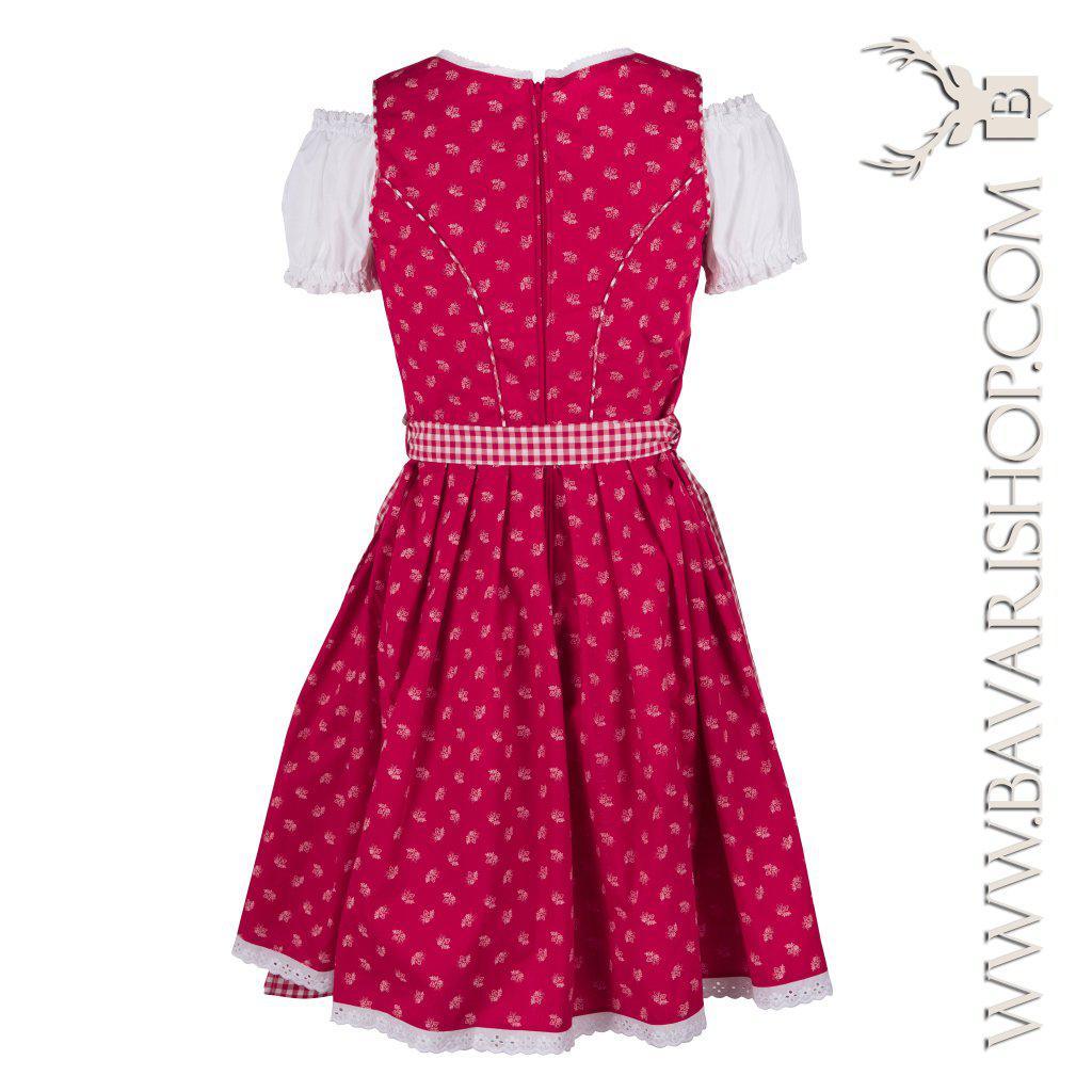 Bavarian Midi Dirndl "Olivia", back zipper, embroidery, 3-piece set - Candy Red & Vichy bavari-costumes