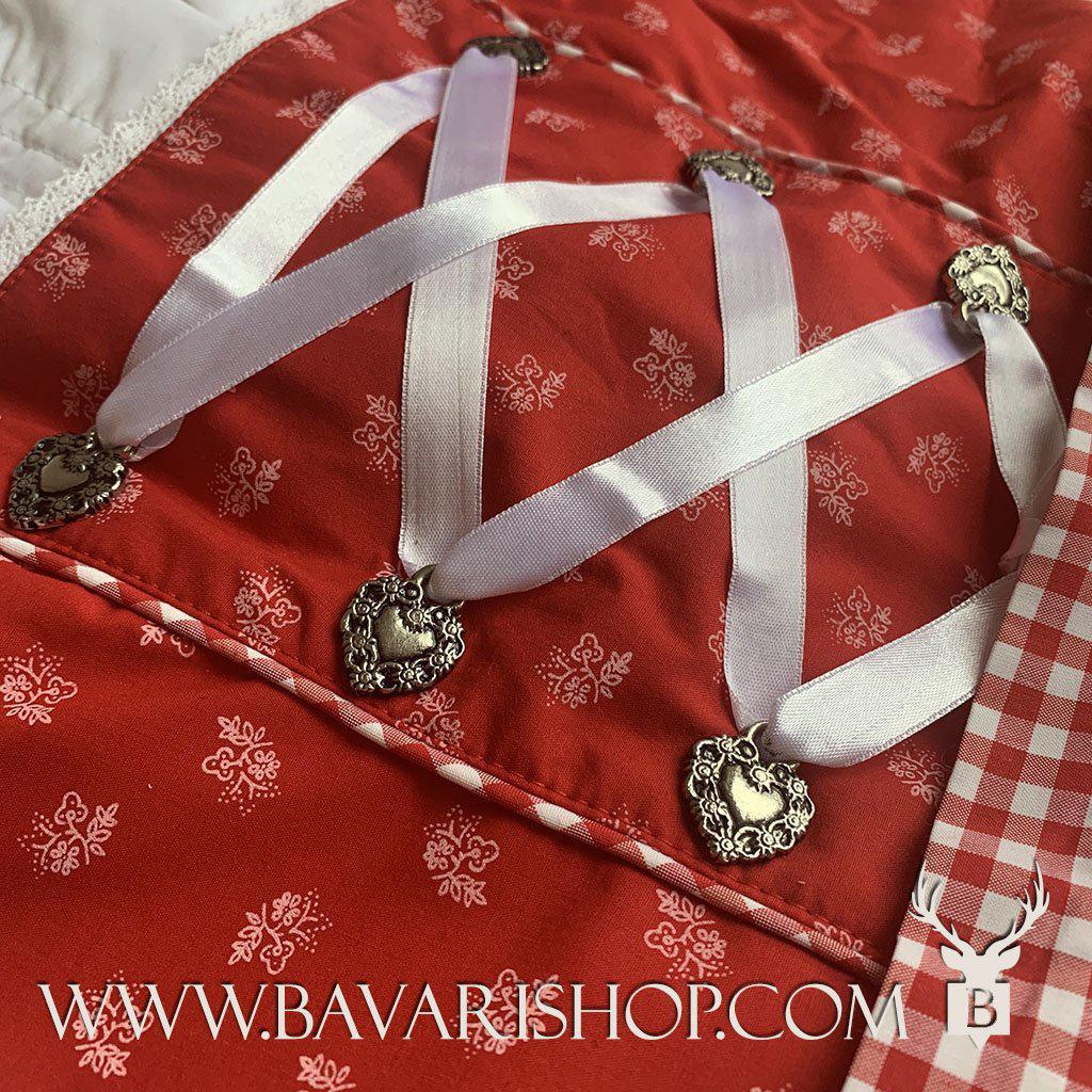 Bavarian Midi Dirndl "Olivia", back zipper, embroidery, 3-piece set - Candy Red & Vichy bavari-costumes