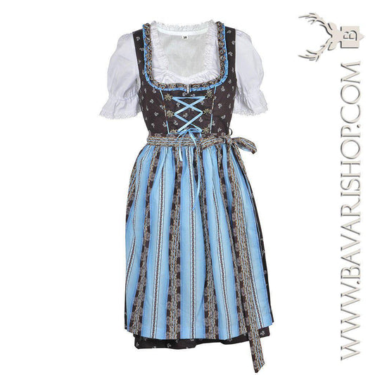 Bavarian Midi Dirndl "Sabia", front zipper, 3-piece set - Light Blue & Brown bavari-costumes