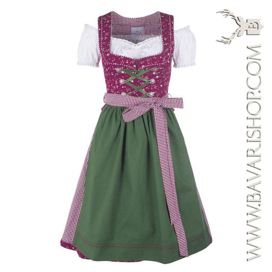 Bavarian Midi Dirndl "Scarlett", zipper & peplum, 3-piece set - Berry Red & Green bavari-costumes