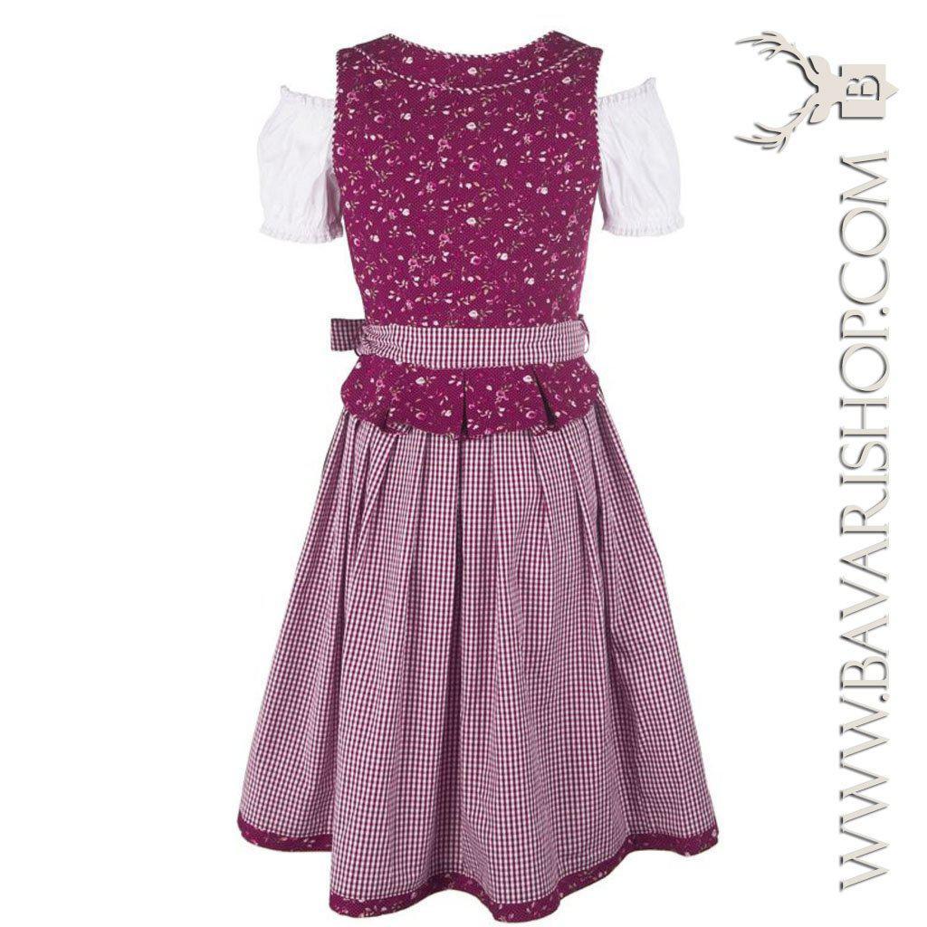 Bavarian Midi Dirndl "Scarlett", zipper & peplum, 3-piece set - Berry Red & Green bavari-costumes