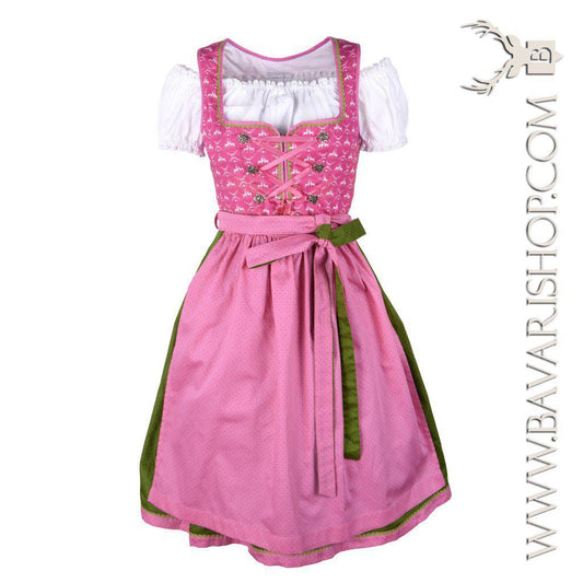 Bavarian Midi Dirndl "Viktoria", front zipper, 3-piece set - Pink & Moss Green bavari-costumes