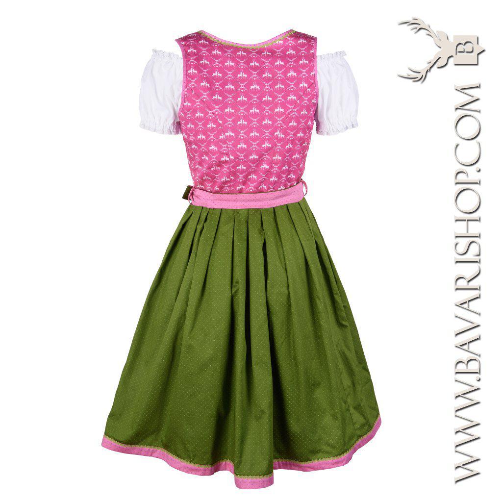 Bavarian Midi Dirndl "Viktoria", front zipper, 3-piece set - Pink & Moss Green bavari-costumes