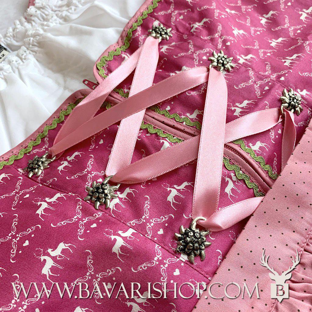 Bavarian Midi Dirndl "Viktoria", front zipper, 3-piece set - Pink & Moss Green bavari-costumes