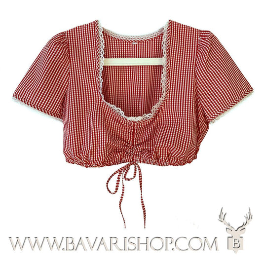 Women's Cropped Vichy Dirndl Blouse "Nicole" - adjustable low neckline - Red bavari-costumes