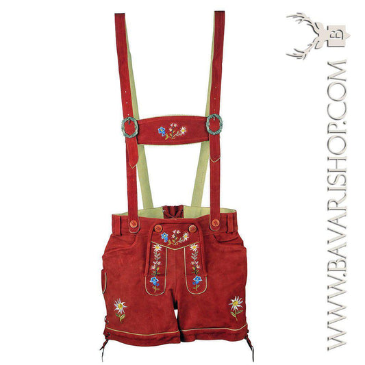 Women's Bavarian Leather Shorts "Emma", Lederhose with suspenders & embroidery - Red or Pink bavari-costumes