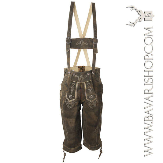 Men's Traditional Bavarian Lederhose "Karl", leather trousers, knee length, with braces - Vintage Brown bavari-costumes