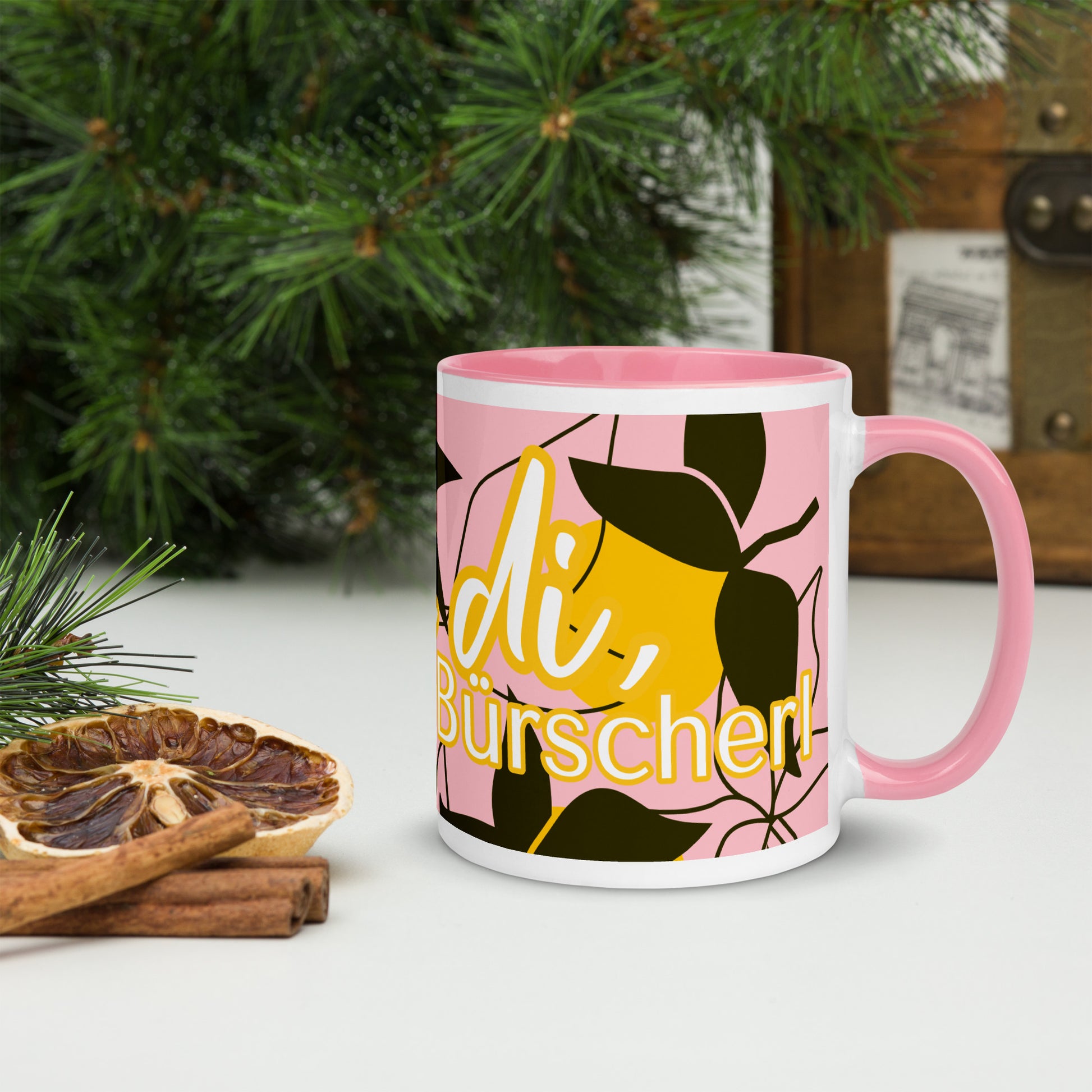 Bavarian Statement Mug "Zupf di" with pink abstract graphic, Dual colour white & yellow or pink - Bavari Shop - Bavarian Outfits, Dirndl, Lederhosen & Accessories