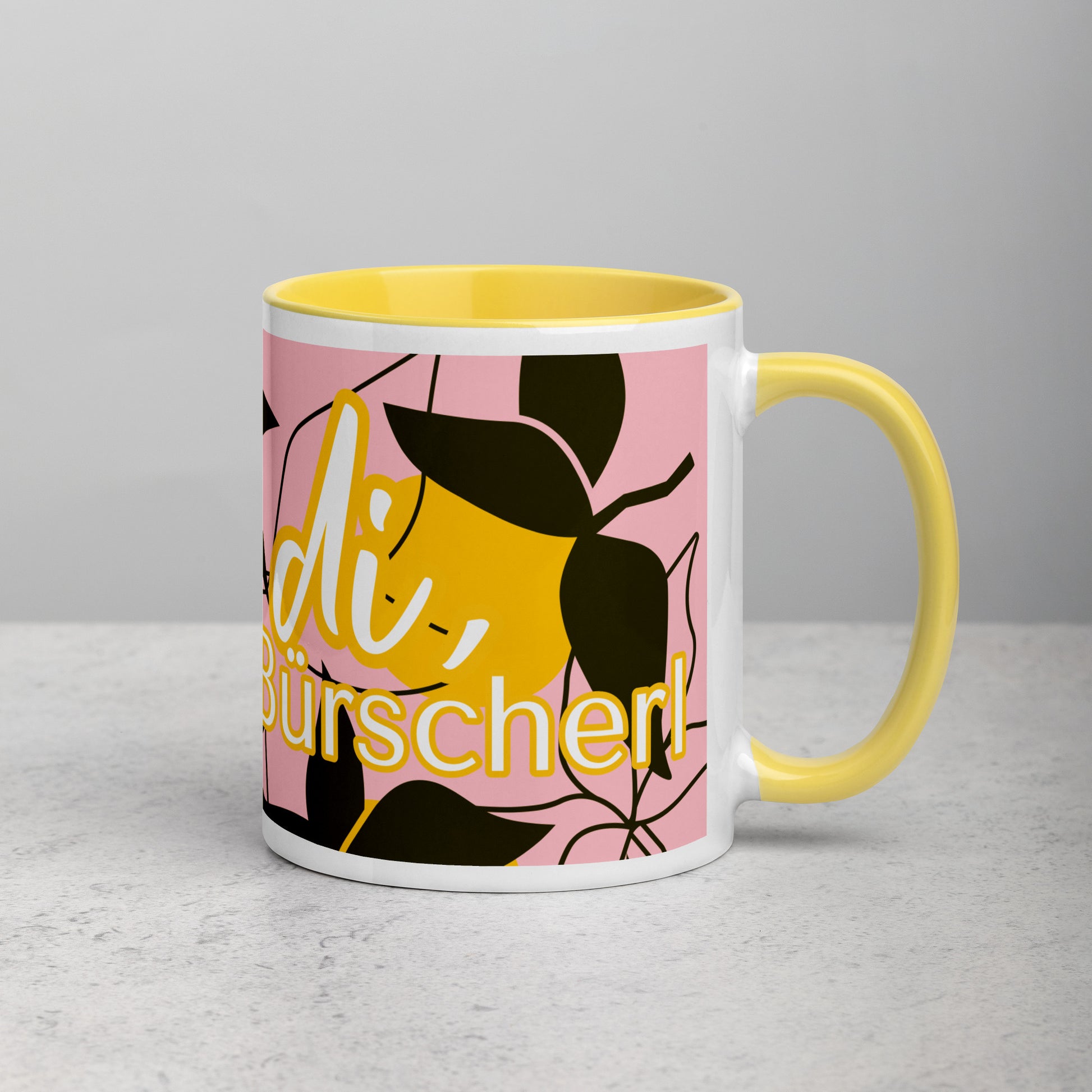 Bavarian Statement Mug "Zupf di" with pink abstract graphic, Dual colour white & yellow or pink - Bavari Shop - Bavarian Outfits, Dirndl, Lederhosen & Accessories