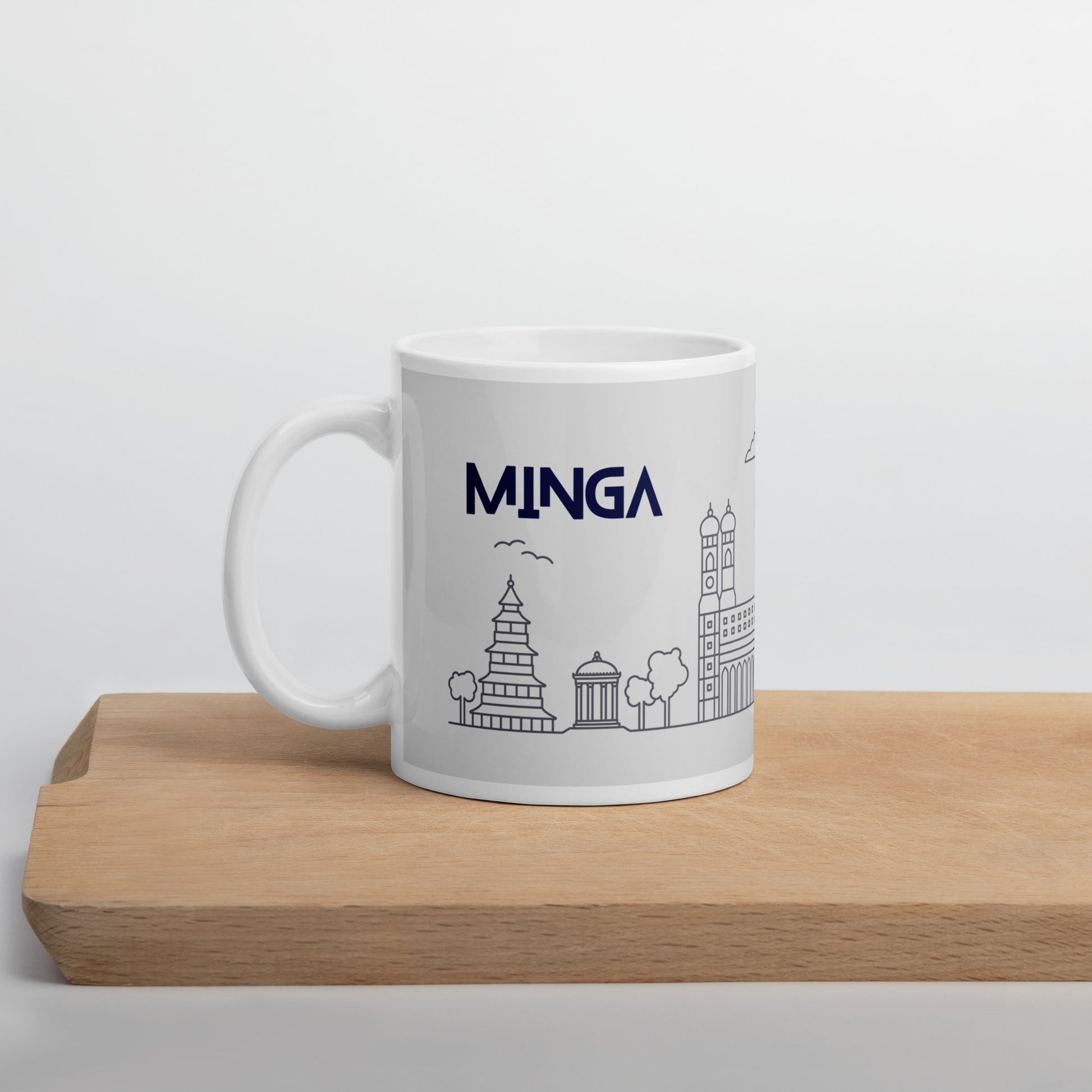 Bavarian Mug "Minga 4 Life", Munich Skyline print, grey & navy, - Glossy White, 11oz or 15 oz - Bavari Shop - Bavarian Outfits, Dirndl, Lederhosen & Accessories